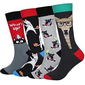 Men's 4 Packs Cat Socks Gift Fun Crazy Novelty Dress Crew Socks (Music Guitar Dancing Cat)