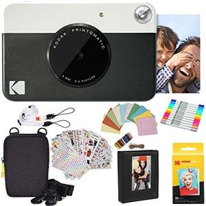 KODAK Printomatic Instant Camera (zwart) geschenkbundel + Zink Papier (20 vellen) + Deluxe Case + 7 leuke stickersets + Twin Tip Markers + fotoalbum + hangende lijsten.