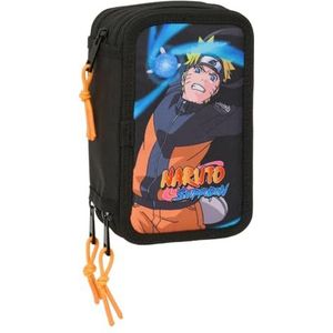 Safta Naruto Schooletui met 37 gebruiksvoorwerpen, kinderetui, ideaal voor kinderen van 5 tot 14 jaar, comfortabel en veelzijdig, kwaliteit en duurzaamheid, 12,5 x 5,5 x 19,5 cm, Zwart, M, Casual