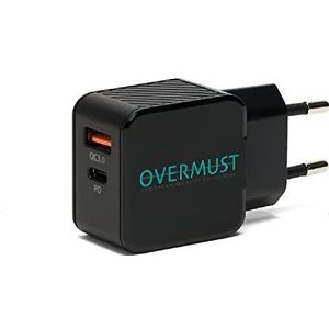 OVERMUST Acculader voor aan de muur 25W - Acculader 25W met USB-C PD- en USB-A QC 3.0-aansluitingen voor het opladen van iPhone 14, 13, 12 Pro Max, Samsung, Huawei, iPad, AirPods enz.