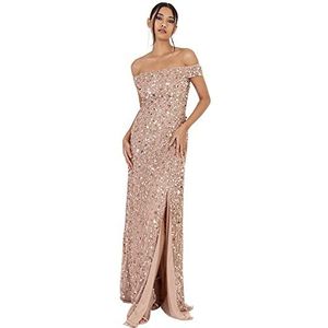 Maya Deluxe Maxi-jurk voor dames, met split, bardot-mouwen, pailletten, avondjurk, voor bruiloft, gast, bruidsmeisje, gala, Taupe Blush, 42