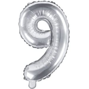 PartyDeco Folieballon nummer ""9"" zilveren verjaardag bruiloft jubileum folieballon nummer ""9"" zilver grootte ca. 35 cm verjaardag bruiloft verloving oudejaarsavond folieballon hell decoratie