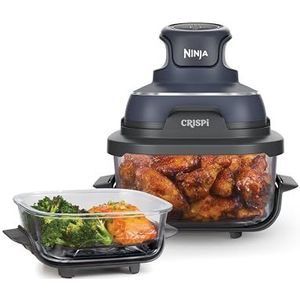 Ninja CRISPi Draagbare Airfryer, 3,8 L, 4-in-1: Airfry, Braden, Warmhouden, Krokant Opwarmen, Ruimtebesparend Compact Design, 2 Uitneembare Glazen Schalen & Deksels, 1700 W, Grijs FN101EUGY
