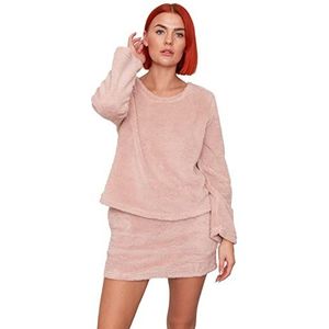 OHS Teddy Fleece Lange Mouw Ronde Hals Warme Gezellige Zachte Jumper Plain Pullover Sweatshirt Dames Loungewear, Blush Roze, 34-40