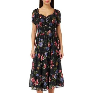 Lovedrobe Midi-jurk voor dames, korte pofmouwen, ruchedetail, bloemenprint, A-lijn, smart casual, Zwart, 52