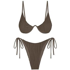 ZAFUL tweedelige damesbikiniset met veters en gevlochten riem, V-hals, hoge pijpen, Donker koffiebruin, L