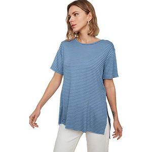 Trendyol Dames Blauw gestreepte vriend gebreid T-shirt, blauw, extra klein