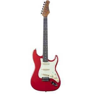 EKO Guitars ST‑300 Elektrische gitaar, populierenlichaam, esdoornhals, Laurel-toetsenbord, 3 single-coil pickups, Tremolo brug, kleur Fiesta rood