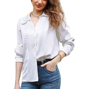 Irevial Dames satijn vintage V-hals blouse elegant lange mouwen casual bovenstuk hemd losse shirt met lange mouwen tops, wit, S