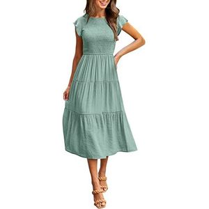 MEROKEETY Summer Dresses for Women 2024 Flutter Short Sleeve Crew Neck Swing Smocked Midi Dress,Sage,M