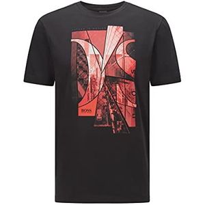 BOSS Heren Tee 6 T-shirt van stretchkatoen met fotografische print en logo, zwart 1, XL