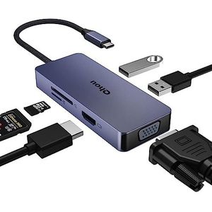 Qhou 6 in 1 USB C-hub met 4K HDMI, VGA, 2 USB 2.0, SD/TF kaartlezer, USB C-adapter voor MacBook Pro/Air, Dell, HP, Surface Pro