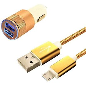 Autolader voor Wiko View 3 Lite, smartphone, micro-USB, kabel van nylon + dubbele adapter voor sigarettenaansteker, goudkleurig