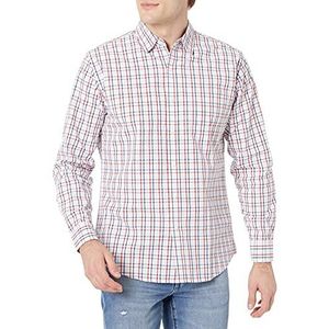 Amazon Essentials Men's Casual poplin overhemd met normale pasvorm en lange mouwen, Blauw Rood Wit Geruit, XS