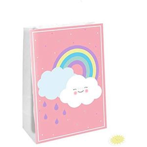 Amscan 9904305 - regenboogpapieren zakken, 4 stuks, maat 14,7 x 21 cm, met sticker, roze met veelkleurige motieven, regenboog en wolken, regen gezicht, cadeauzakje, verpakking, zakje weggeven