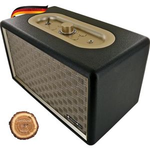 SCHWAIGER -661705- Bluetooth Speaker | 24 W | Retro Design | draadloos | draagbaar | 2200 mAh batterij | oplaadbaar | houten behuizing | lederlook | zwart