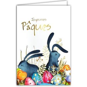 62-1025 Vrolijk Pasen kaart in goud glanzend goud met envelop 12 x 17,5 cm illustratie konijnen kuiken jacht op geschilderde eieren feest lente schilderen creatie editie print gemaakt in Frankrijk