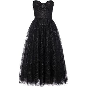 Swing Fashion Midijurk voor dames, elegante jurk, feestelijke jurk, feestjurk, avondjurk, bruiloftsjurk, baljurk, glitterjurk, korset, zwart, 34 (XS), zwart, XS
