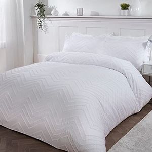 Sleepdown Tufted Wave Stripe Nordic Geo White Soft Cosy Easy Care Luxe Dekbedovertrek Quilt Beddengoed Set met kussenslopen - King (230cm x 220cm)