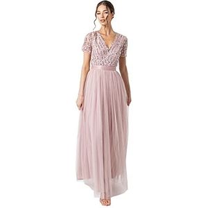 Maya Deluxe Maxi-jurk voor dames, bruidsmeisje, V-hals, baljurk met korte mouwen, lang, elegant, empire-taille, bruiloft, Frosted Roze, 42