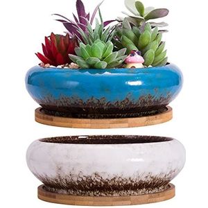 ARTKETTY Succulente plantenpotten, grote vetplanten potten met drainage, set van 2, ondiepe bonsaipotten met dienbladen, bloemplantenbak, keramische potten voor binnen en buiten, cactusplanten