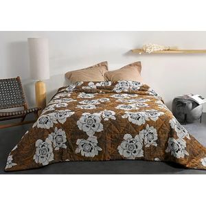 LINDER Gewatteerde sprei met bloemenmotief natuur, geweven en geverfd in Frankrijk, kleur: theegeel en zwart, afmetingen: 240 x 260 cm, polyester/katoen en watten van 100% polyester, collectie PEONIA
