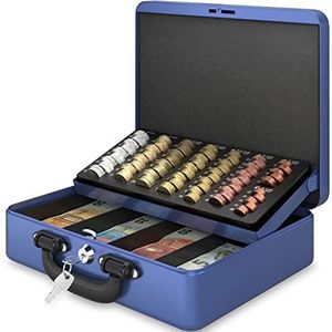 ACROPAQ Geldkistje - Premium, Geldkist met sleutel, 30 x 25 x 9 cm - Geldkluis met muntsorteerder - Blauw