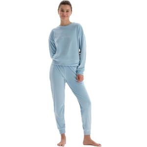Dagi Damespyjama met lange mouwen, Franse fluwelen borduurwerk, gedetailleerd T-shirt en broek, pyjamaset, lichtblauw, M