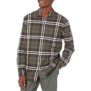Amazon Essentials Men's Flanellen overhemd met lange mouwen (verkrijgbaar in grote en lange maten), Olijfgroen Plaid, XS
