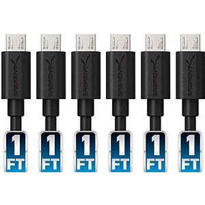 Sabrent [6-Pack 22AWG Premium 1ft Micro USB-kabels Hoge snelheid USB 2.0 A Male naar Micro B Sync en Charge kabels [Zwart] (CB-UM61)
