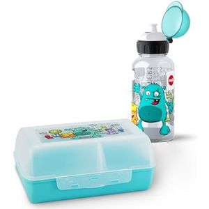 Emsa Kids Set met monster-motief, drinkfles + broodtrommel, 400 ml lekvrije fles, blik met verschuifbare scheidingswand, roze, 518138