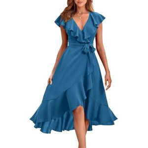 PRETTYGARDEN Dames 2024 Zomer Wrap Midi Jurk Casual Boho Diepe V-hals Korte Mouw Ruche Zoom Split Strand Lange Jurken, Grijs Blauw, M