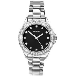 Sekonda Elizabeth Dameshorloge, kwartshorloge, 33 mm, met stenen kast, analoog display en roestvrijstalen armband, Zilveren zwarte wijzerplaat, Single