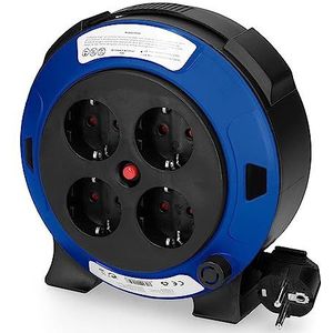 Kabelhaspel, 5 m, 3 x 1 mm, met 4 T/TL-stopcontacten en thermische bescherming, ideaal om je apparaten georganiseerd en beschermd te houden. Organiseer je ruimte stijlvol en veilig