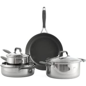 BK Control Roestvrij Staal Keramisch Nonstick 7-Delige Kookpotten & Pannen Set met Deksels, Inductie, Oven Veilig tot 180C,Vaatwasmachinebestendig,Comfortabele Silicone Handgreep,PFAS Vrij,Zilver