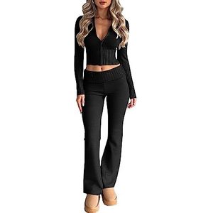 LILLUSORY 2-delige outfit voor dames, 2023, casual, trendy, smalle pasvorm, capuchontrui, loungesets, zwart, S