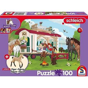 Schmidt Spiele 56463 Horse Club, kampvuur aan de caravan, 100 stukjes, met add-on (een origineel figuur Hannoveraanse veulenen) kinderpuzzel