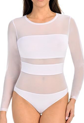 Teyli Dames Bodysuit Viscose Sheer Mesh Gestreept, Wit, XS