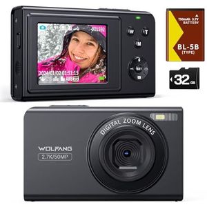 WOLFANG Digitale camera, 2,7 K kindercamera voor fotografie, 50 MP compacte vlogging camera, 16 x digitale zoom videocamera, auto focus punt en schietdigitale camera's, cadeau voor studenten, tieners