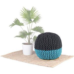 Native Home Pouf kruk, 2 in 1, bijzettafel & zitkruk, rond, mangohout, gebreid, H x B x D: 40 x 40 x 40 cm, blauw-grijs