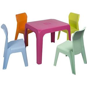 resol grupo Jan Set voor kinderen, 1 binnen, voor buiten, tuin, fuchsia + 4 stoelen aquamint/oranje/limoen/blauw