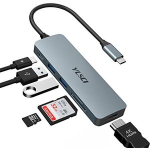 YLSCI USB C Hub, 6-in-1 USB C Hub Multiport Adapter met 4K HDMI-uitgang, 100 W PD, twee USB 3.0-poorten, SD/TF-kaartlezer, moeiteloze connectiviteit voor MacBook Pro, MacBook Air, Surface Pro