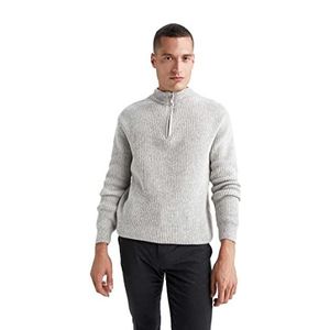 DeFacto Heren gebreide trui met lange mouwen ronde hals sweater - slim fit trui voor heren tops (Grey Melange, 3XL), gemengd grijs, 3XL