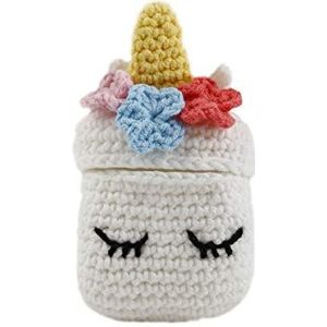 Hoesje voor AirPods 1 en 2 met siliconen binnenkant en gehaakte buitenkant in de vorm van een Eenhoorn, wit