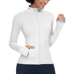 QUEENIEKE Hardloopjassen voor dames, katoenzacht, volledige ritssluiting, slim fit, atletisch trainingsjack met zakken, 1-wit, XS