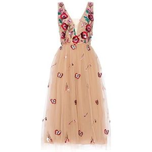 Swing Fashion Midi-jurk voor dames, elegante jurk, feestelijke jurk, feestjurk, avondjurk, bruiloftsjurk, baljurk, baljurk, V-hals, mouwloos, beige, maat 36 (S), beige, S