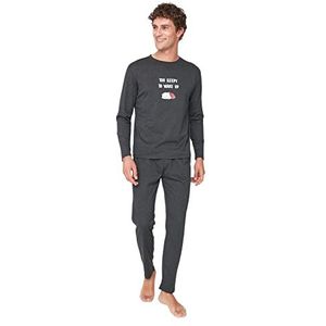 Trendyol Mannelijk Met Slogan Dunne Gebreide T-shirt-Broek Pyjama Set, Antraciet, S