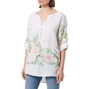 Bonateks, Tunesische Kraagtop met Bloemenprint en Lange Opsteekbare Mouwen, 100% Linnen, De-Maat: 38, Us-Maat: L, Tops Wit - Gemaakt in Italië, wit, 38