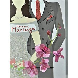 Gelukswenskaart, bruiloft, met pailletten, bruidspaar, boeket bloemen orchideeën, trouwjurk, kostuum, stropdas, roze, gemaakt in Frankrijk