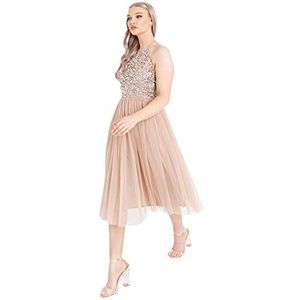 Maya Deluxe Dames midi-jurk met halter hals tule voor avondafstuderen prom bruiloft bruidsmeisjes baljurk, Taupe Blush, 34